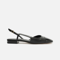 Sapatilha Preta Couro Bico Quadrado Cap Toe