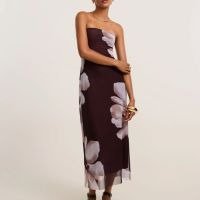 Vestido Long Midi em Tule com Estampa Floral Marrom