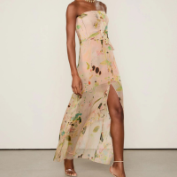 Vestido De Gerogette Longo Estampado Sem Alças