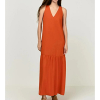 Vestido Dzarm Longo Evasê Em Viscose Com Linho - Laranja
