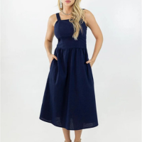 Vestido Feminino Midi Linho Evasê Lastex Bolsos Anticorpus - Marinho