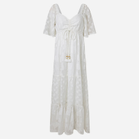 Vestido Longo em Crepe com Babados e Amarração Frontal com Tassel Branco