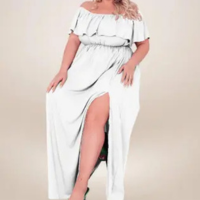 Vestido Longo Plus Size Branco Ano Novo Ombro a Ombro Fenda Ciganinha Elega