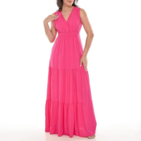 Vestido Longo Reto Rodado Casual Decote Tendência Estação - Rosa