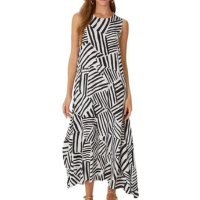 VESTIDO MALWEE MIDI LINHO FEMININO - Preto+Branco