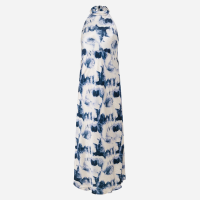 Vestido Slip Longo em Cetim com Estampa Abstrata Azul/Off White