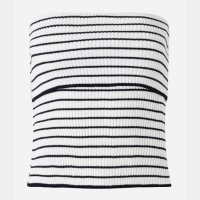 Blusa Tomara que Caia em Tricô Listrado com Pala Virada BrancoPreto