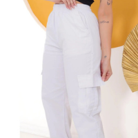 Calça Cargo Sarja Feminina Wide Leg com Elástico - Branco