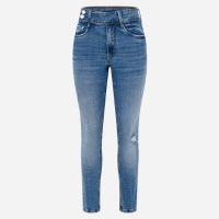 Calça Cigarrete Cintura Média em Jeans com Cós Transpassado Azul Médio