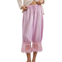 Calça feminina longa Bloomer com acabamento em renda, calça capri estilo ca