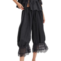 Calça feminina longa Bloomer com acabamento em renda, calça capri estilo ca