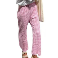 Calça xadrez Yoawdats feminina, casual de verão, cintura alta, rosa