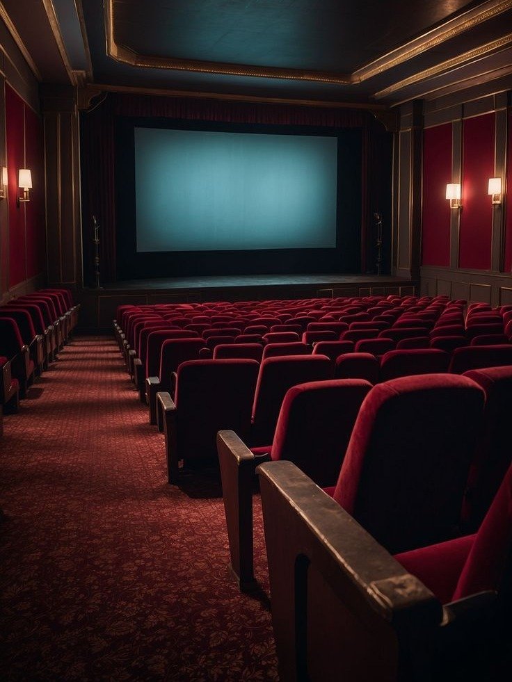 Sala de cinema clássica com poltronas vermelhas estofadas, iluminação quente e tela azul, cenário ideal para filmes 2026.