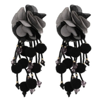 Maxi Brinco Flor Tecido Canutilho Preto Noite