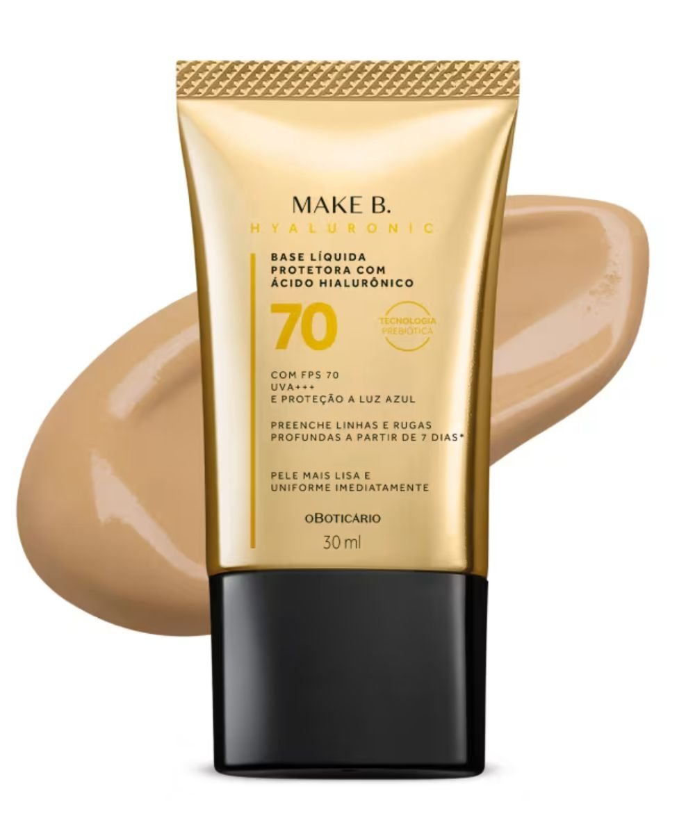 Base líquida Make B. Hyaluronic com ácido hialurônico, FPS 70, textura cremosa e acabamento uniforme.
