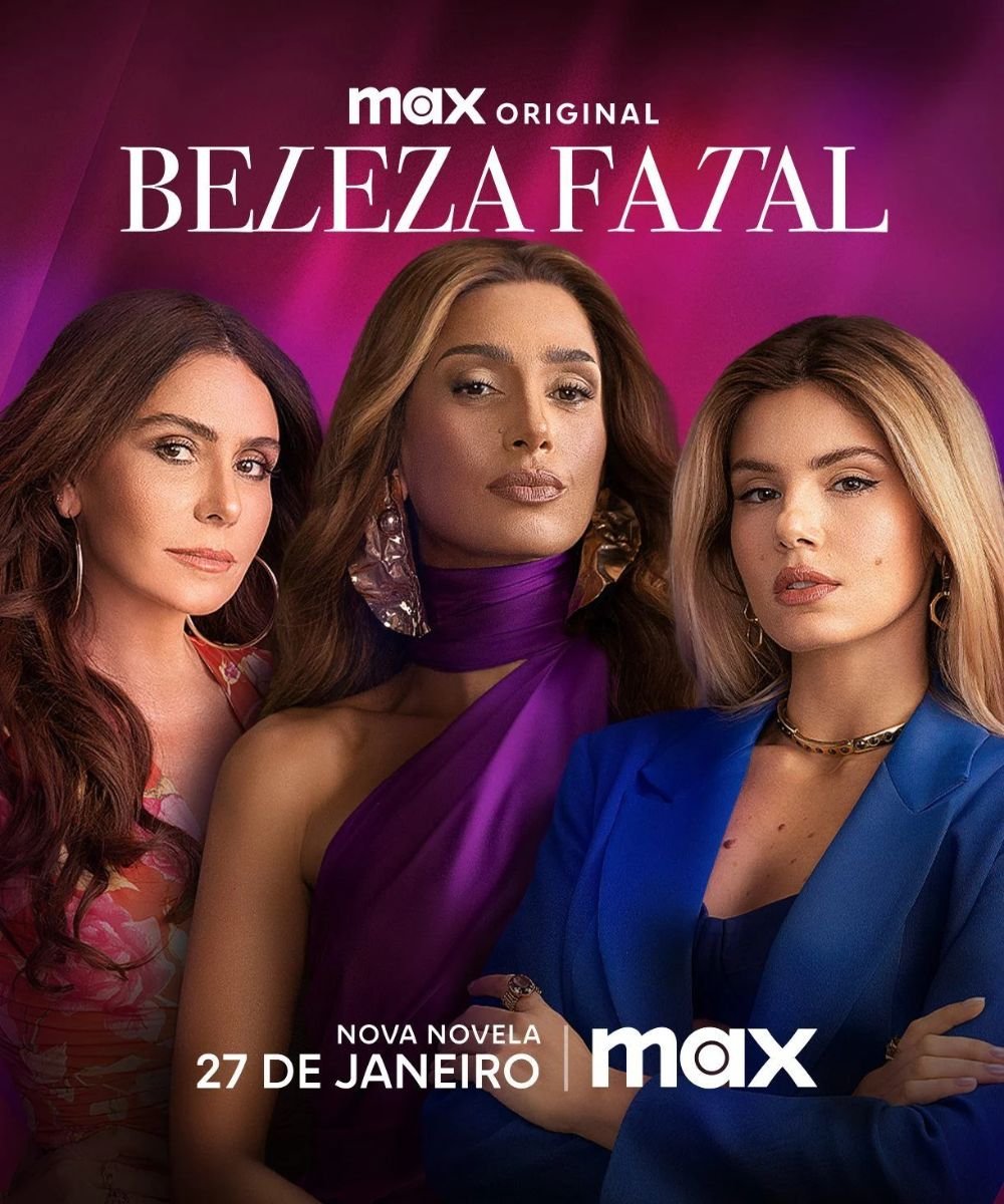 Três mulheres em destaque no pôster da novela Beleza Fatal, com fundo roxo e texto “Max Original”, estreia em janeiro.