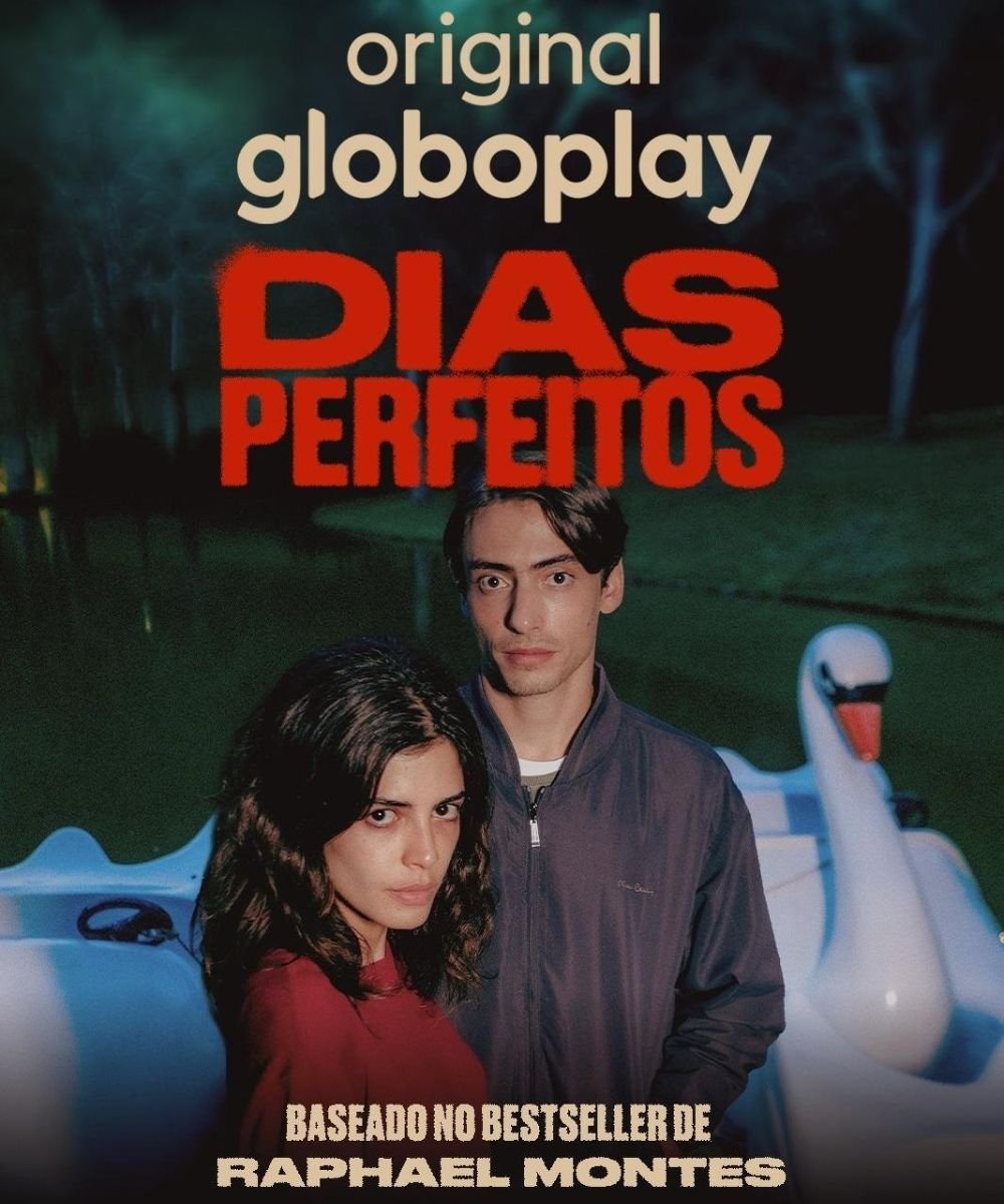 Casal em destaque no pôster da série Dias Perfeitos, com cisne ao fundo e texto “original Globoplay”.