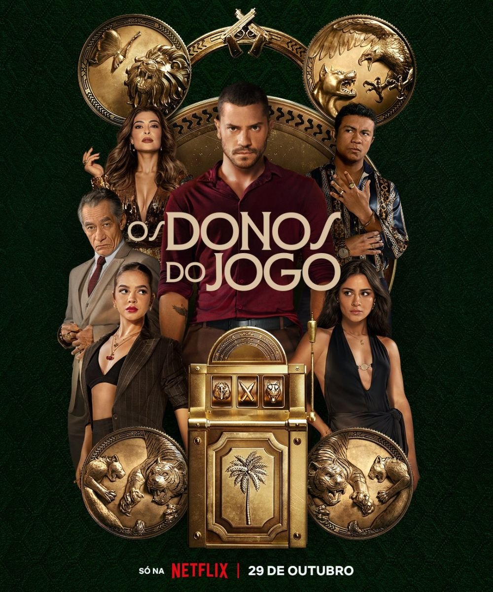 Elenco da série Os Donos do Jogo em pôster com cofre dourado ao centro e símbolos ao fundo, estreia em outubro na Netflix.