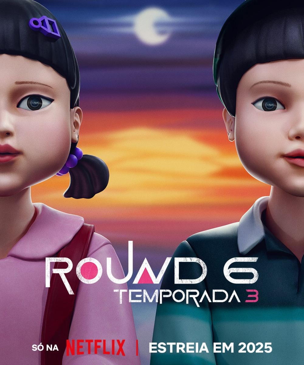 Personagens da série Round 6 em destaque, com pôr do sol ao fundo e texto “Temporada 3”, estreia em 2025 na Netflix