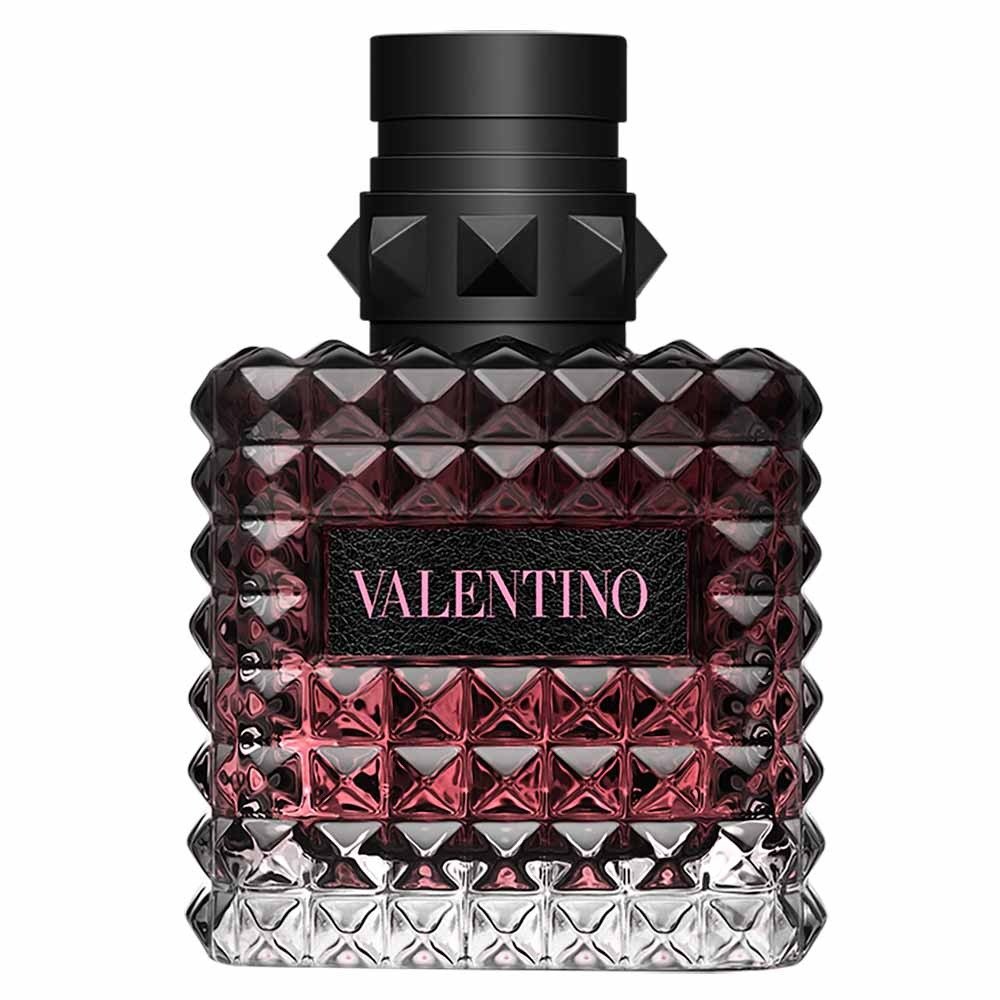 Frasco de vidro texturizado em degrade vinho e transparente com tampa preta fosca e etiqueta preta com texto rosa Valentino