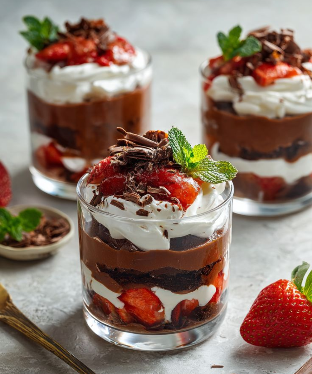 Sobremesas em camadas com chocolate cremoso, morangos frescos, chantilly e raspas de chocolate.