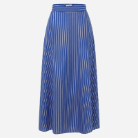 Saia Evasê Midi Listrada em Tricoline com Elástico no Còs Azul