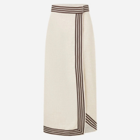 Saia Midi em Viscolinho com Transpasse Envelope e Listras Contrastantes Beg