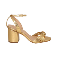 SANDÁLIA SALTO BLOCO MÉDIO EM METALIZADO OURO COM TIRAS FINAS CRUZADAS