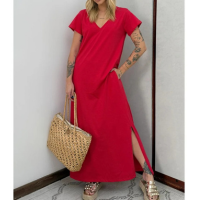 Vestido Longo de Algodão com Bolso Decote V Vermelho - Vermelho