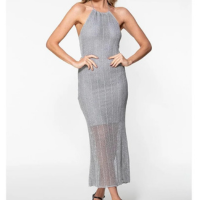 Vestido Longo Tricot Lurex Frente Única Prata - Prata