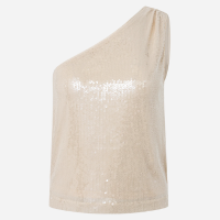 Blusa Ombro Só em Paetê Transparente e Franzido na Alça Bege