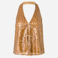 Blusa Frente Única em Paetê com Decote em V e Amarração Dourado