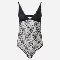 Body em Renda Floral com Tule e Decote em V Preto