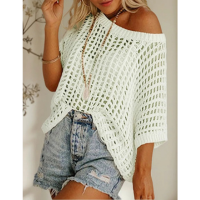 Blusa De Crochê Solta Com Decote Redondo E Praia De Verão