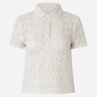 Blusa em Tricô de Efeito Crochê com Gola Polo Bege