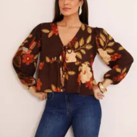 Blusa Feminina Bata Manga Longa Boho Amarração Casual Moda Acinturada Tendê