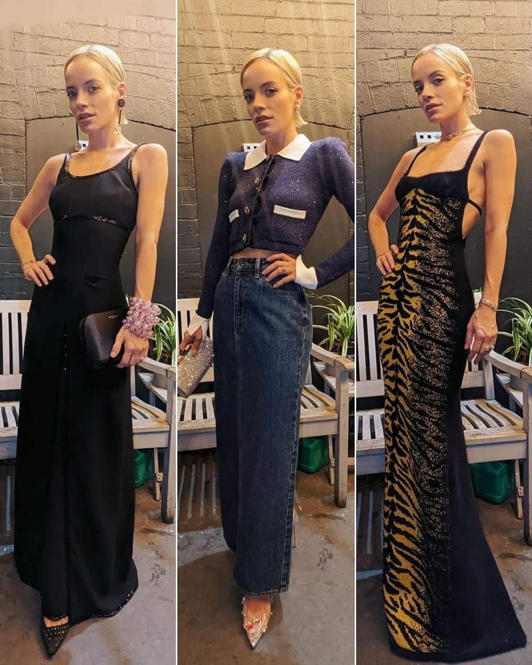 Lily Allen posa com elegância em três looks: vestido preto justo com detalhes brilhantes, conjunto cropped azul com gola