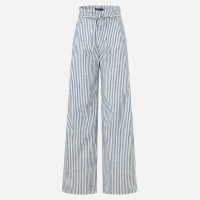 Calça Wide Leg em Sarja com Listras e Cinto Fino Azul Médio