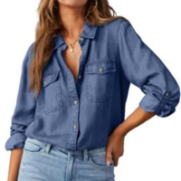 Camisa elegante de ganga azul Ashleigh, manga comprida, feminina - Astylish