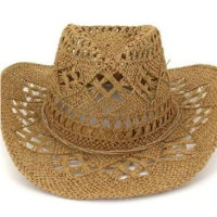 Chapéu Country Vaqueiro Feminino de Palha, Estilo Western com Trama Vazada,
