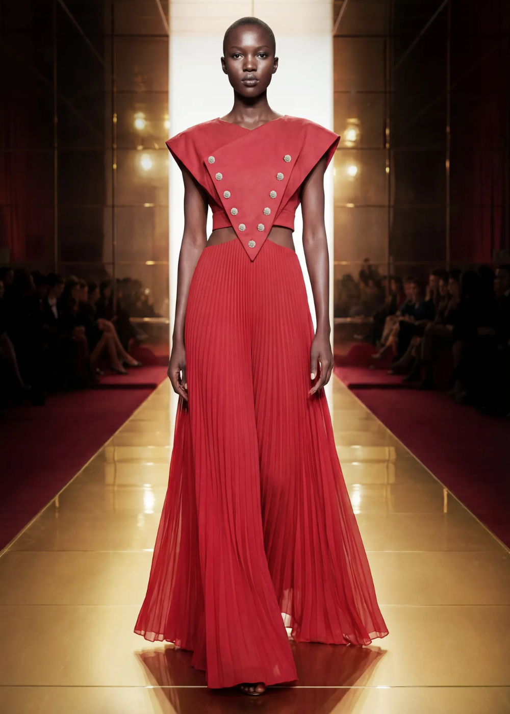 Modelo caminha com postura confiante usando vestido vermelho vibrante de alta-costura primavera 2026, com top estruturado e