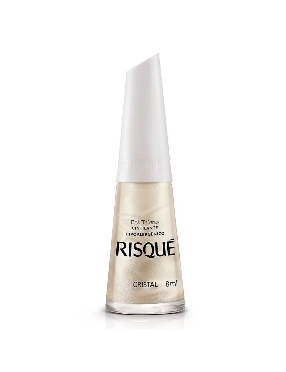 Esmalte Risqué Cristal cintilante e hipoalergênico em tom branco perolado, entre os esmaltes mais desejados para unhas
