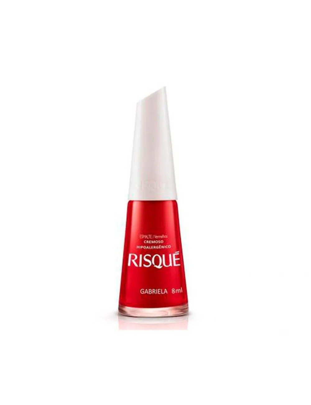 Esmalte vermelho cremoso Risqué Gabriela em embalagem de 8ml, destaque entre os esmaltes mais desejados por sua cor vibrante