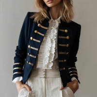 Estilo militar jaqueta feminina moda botão de ouro decorado blazer azul mar