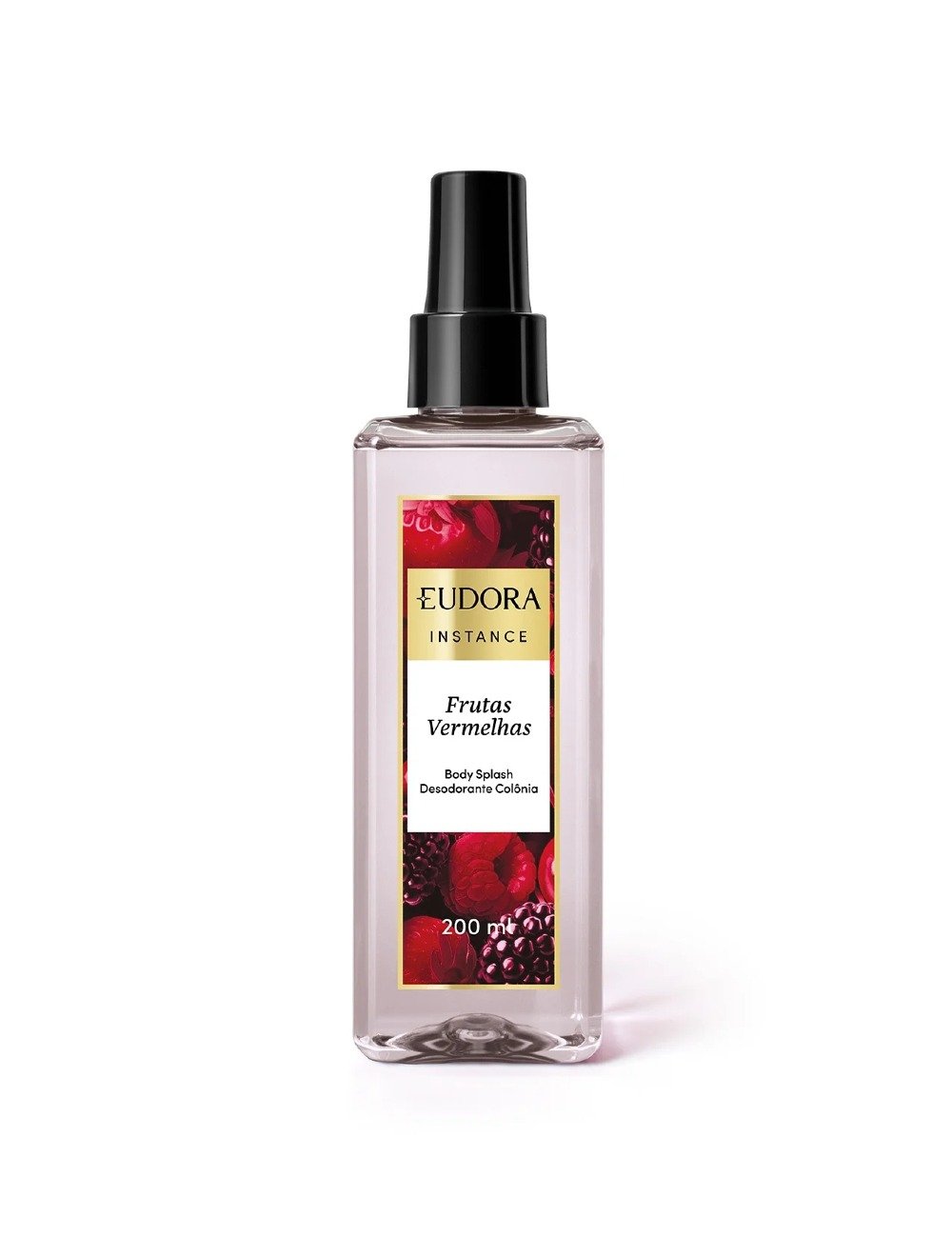 Fragrâncias frutadas em body splash Eudora Instance Frutas Vermelhas com embalagem transparente e tampa preta.