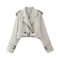 Jaqueta Trench Vintage Cropped Feminina Com Cinto, Gola Notch, Manga Longa,