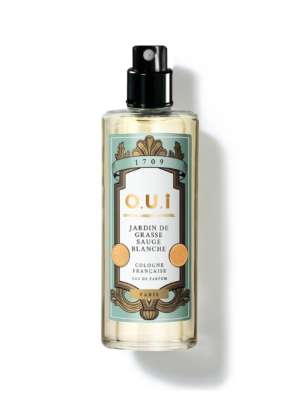 Fragrâncias em frasco transparente com detalhes em azul e dourado, evocando elegância e sofisticação clássica.