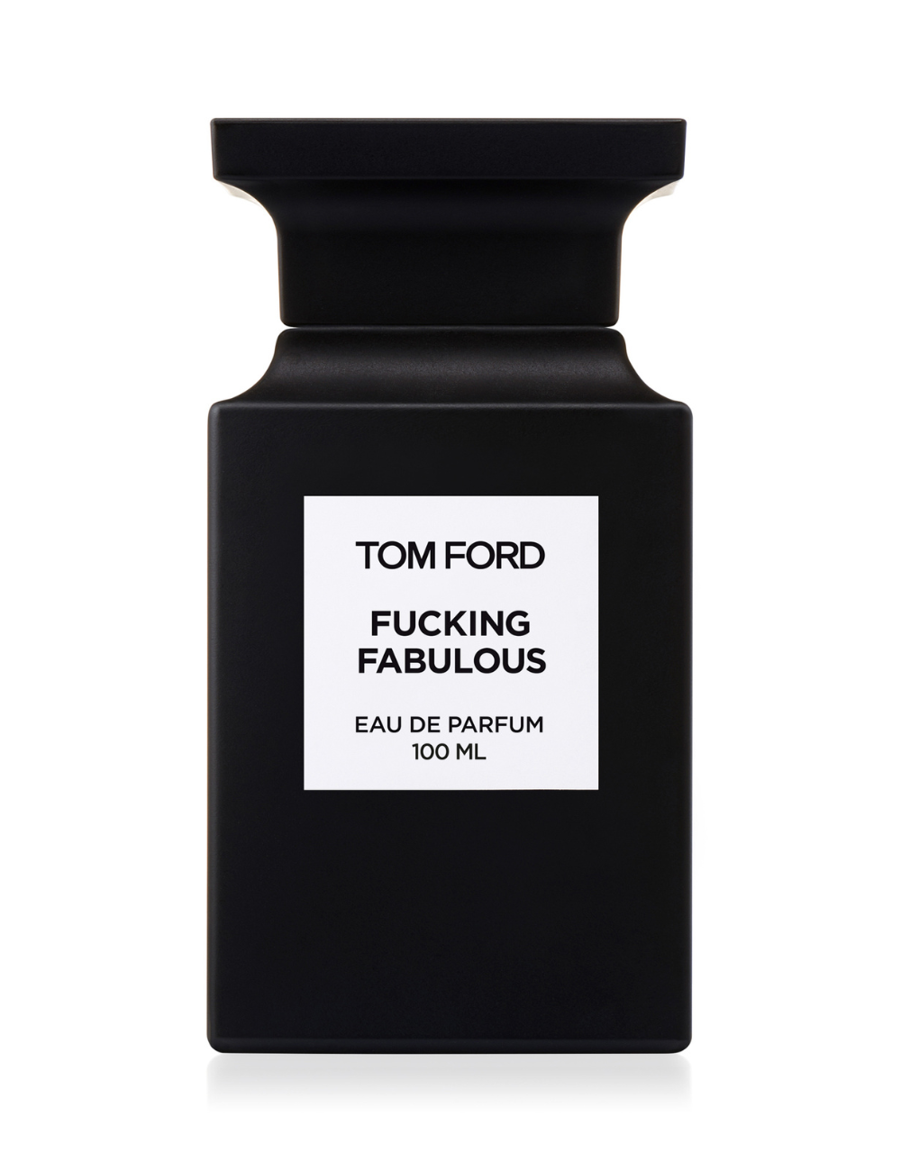 Fragrâncias intensas em frasco preto fosco com design geométrico e rótulo branco minimalista de Tom Ford.