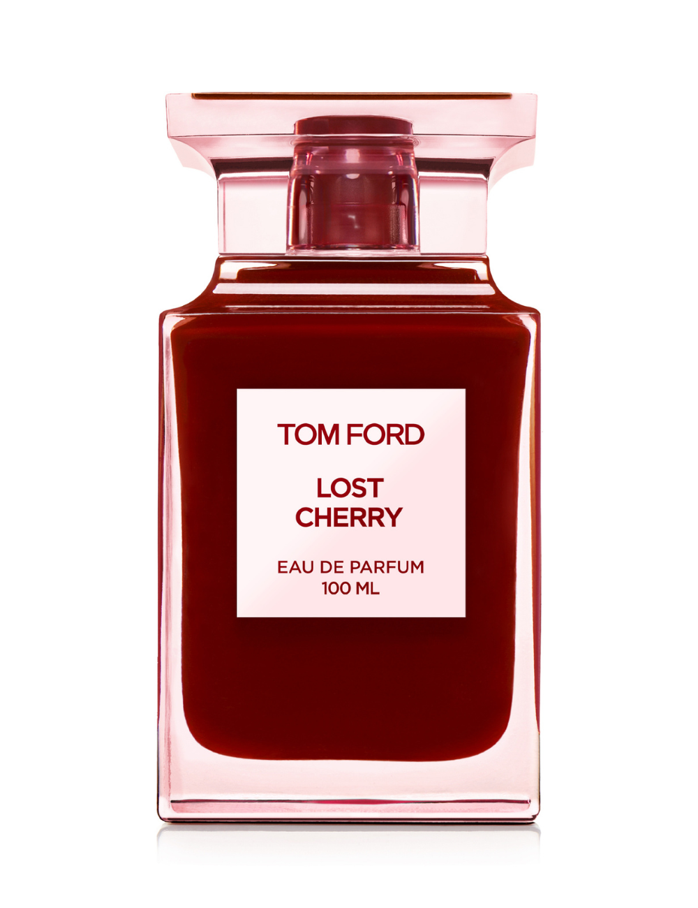 Frasco elegante em vidro vermelho translúcido com tampa rosa, revelando fragrâncias intensas e sofisticadas.