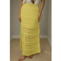 Saia Longa Tricot Moda Boho Luxo Rendada Ponto Crochê Com Forro Premium